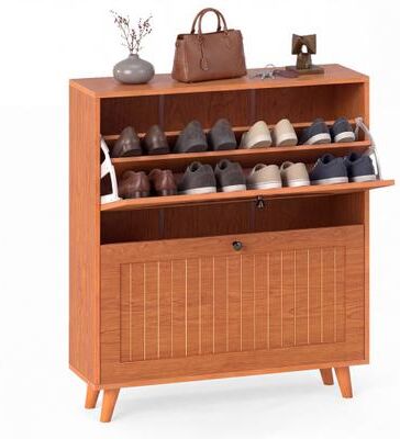 Costway Narrow Shoe Cabinet with Adjustable and Removable Shelves for Entryway Foyer-Oak