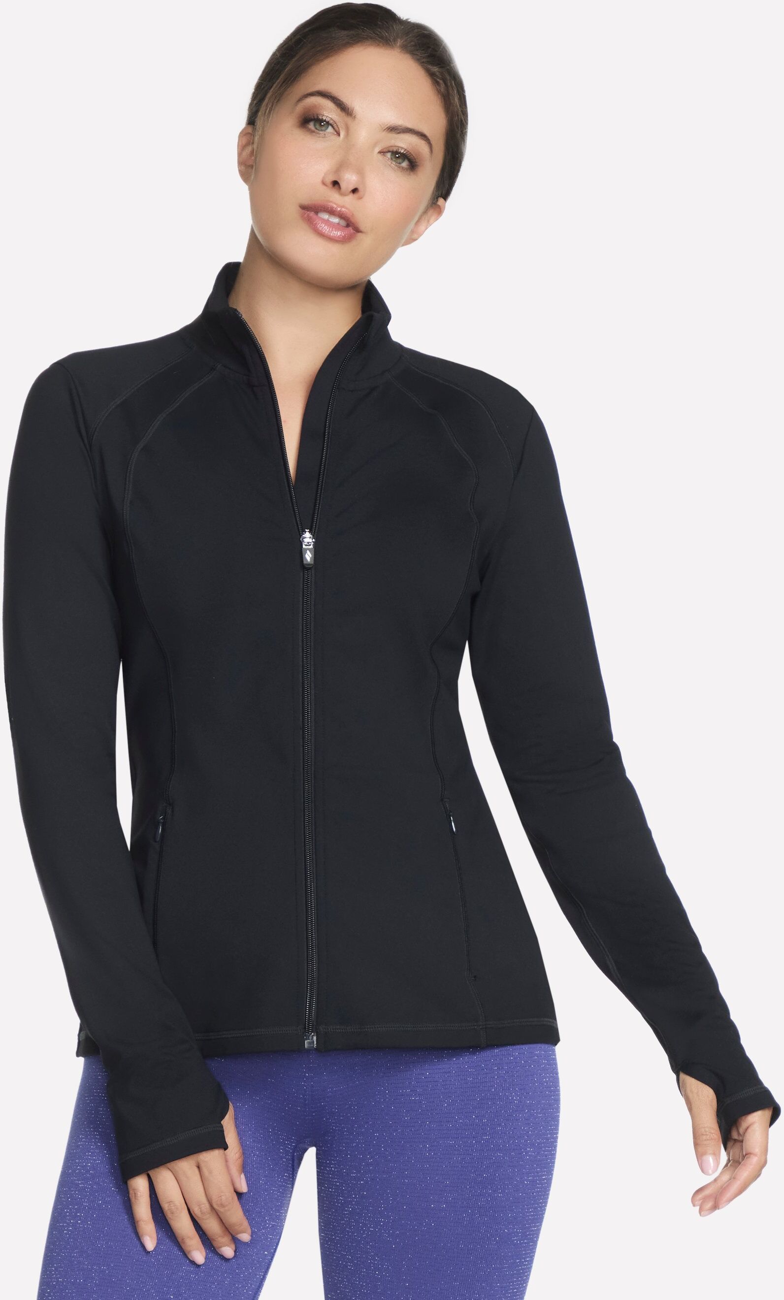 Trainingsjacke SKECHERS "BOLD BLACK", Damen, Gr. L (42/44), schwarz (bold schwarz), Obermaterial: 88% Nylon, 12% Elasthan, Jacken Trainingsjacke, Stretchmaterial mit UV-Schutzfaktor, Daumenlöcher bold schwarz L (42/44)