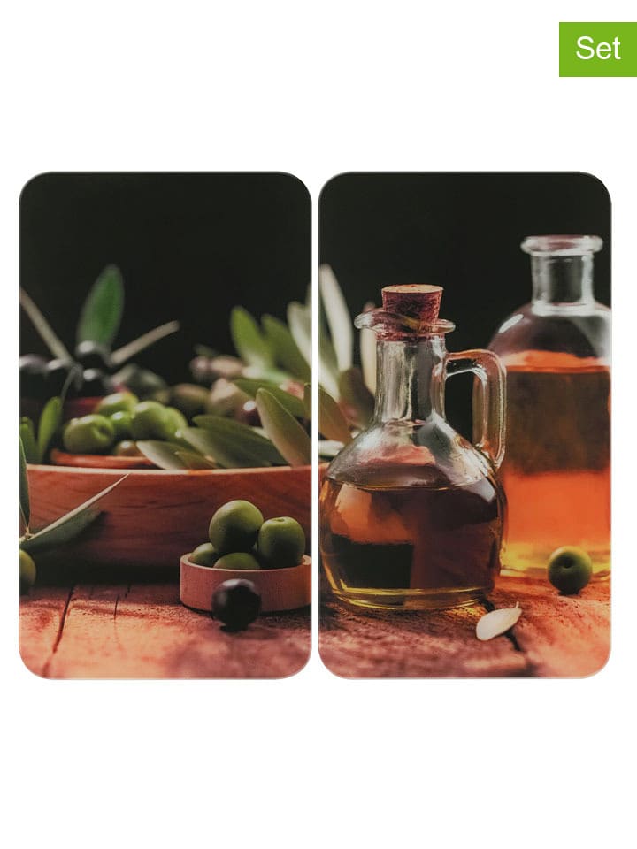 Wenko 2er-Set: Herdabdeckplatten "Olive Oil" in Schwarz/ Hellbraun - (L)30 x (B)52 cm - onesize