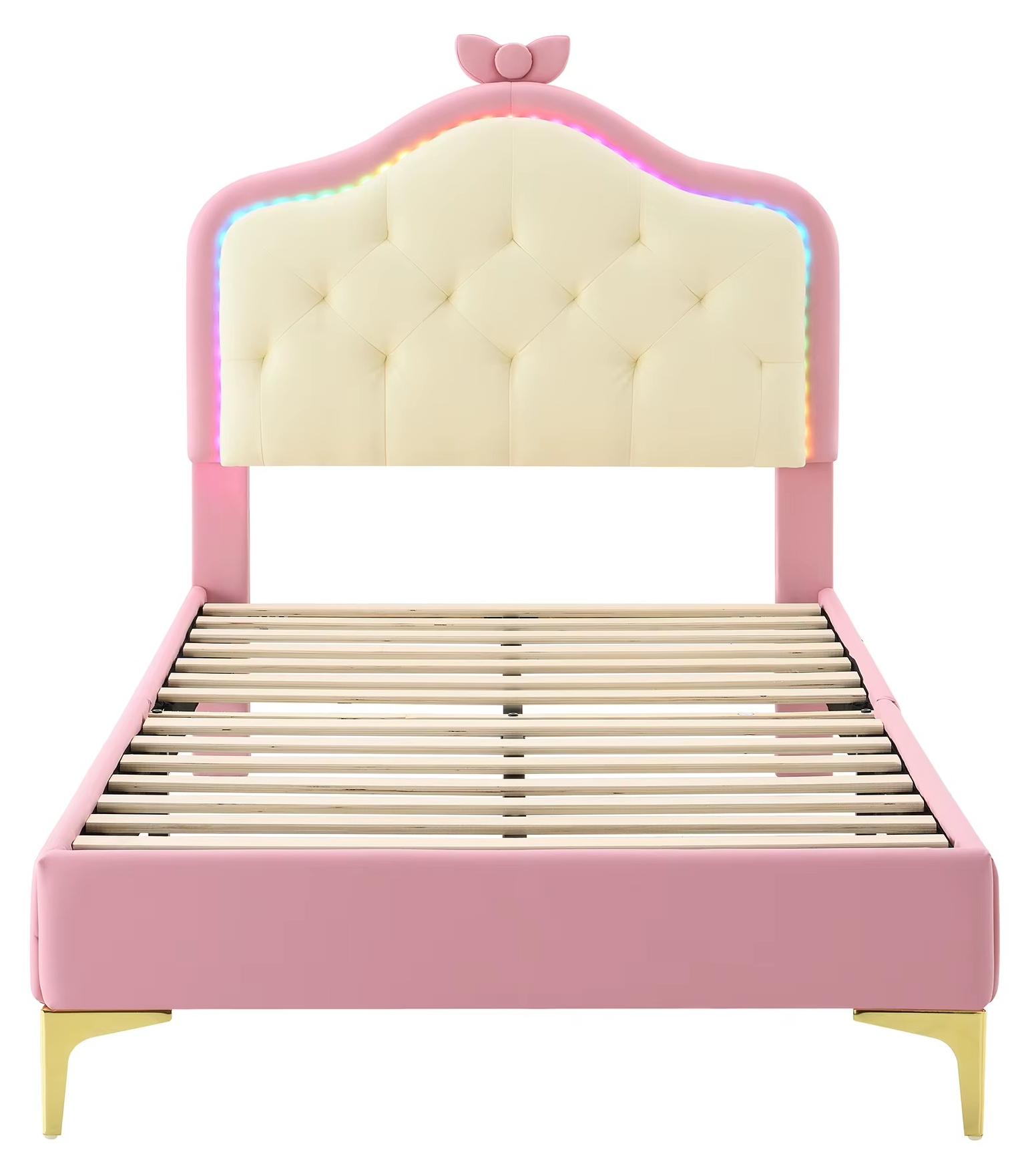 Kinderbett - Polsterbett 90 x 200 cm - PolyurethanKunstleder - Wellenförmiges Kopfteil - Rosa Schleife - Holzlattenrost - Weiß-Rosa
