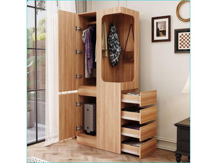 Armoire chambre 70x40x170 cm - 1 porte + schublades + rangement ouvert - Couleur bois