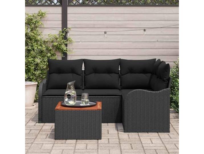 KTHLBRH Gartenmöbel-Set, modular, 5-teilig, Polyrattan, Schwarz Eckregal mit Aufbewahrung, pulverbeschichteter Stahl, Akazienholz, verstellbare Füße