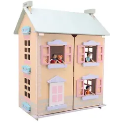 Jouéco Puppenhaus aus Holz mit 15 Möbeln und 4 Puppen
