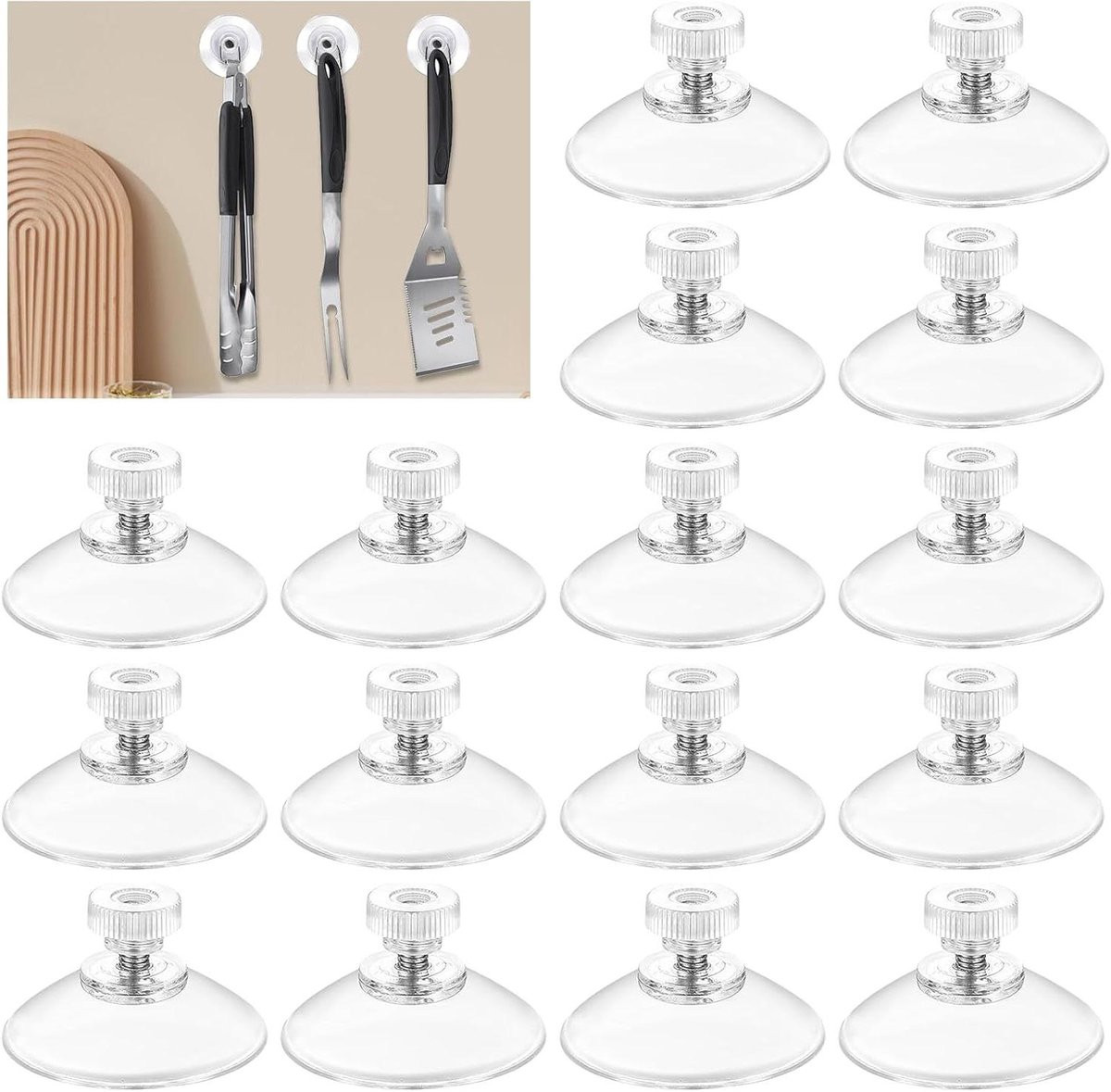 Set van 16 transparante zuignappen met schroefdraad voor boorvrije bevestiging van decoraties