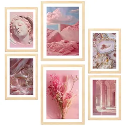 POSTER Set Mit 6 Rosa Komposition A3 & A4 Rahmen Aus Hellem Holz