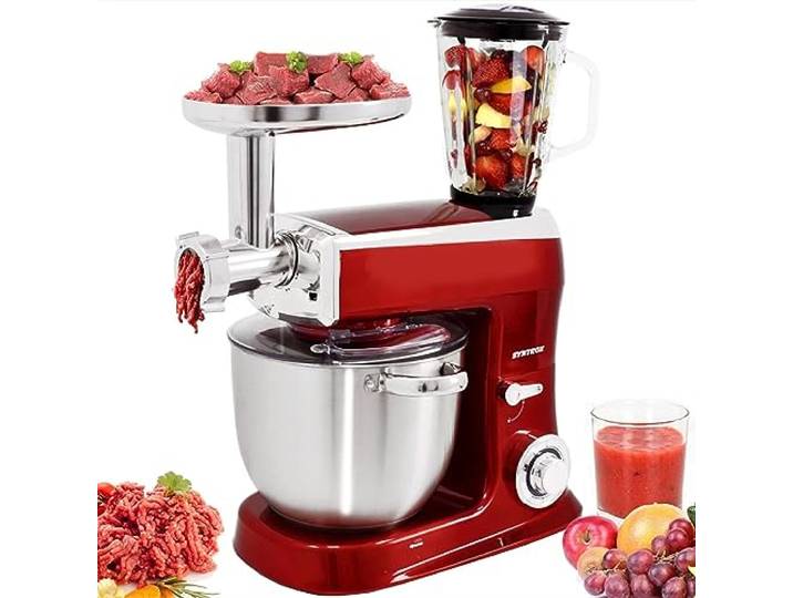 Syntrox Germany Küchenmaschine Wasas Mixen & Zerkleinern 7,5 Liter, Mixer und Fleischwolf in einem, Hackfleisch selber machen, Standmixer,zerkleinerer, Rührgerät, Hochleistungsmixer (rot)