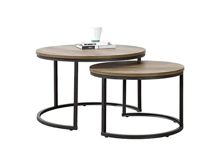 [en.casa] Couchtisch Christchurch 2er Set Wohnzimmertisch rund Sofatisch Satztisch Beistelltisch mit Metallgestell Kaffeetisch Holzoptik/Schwarz