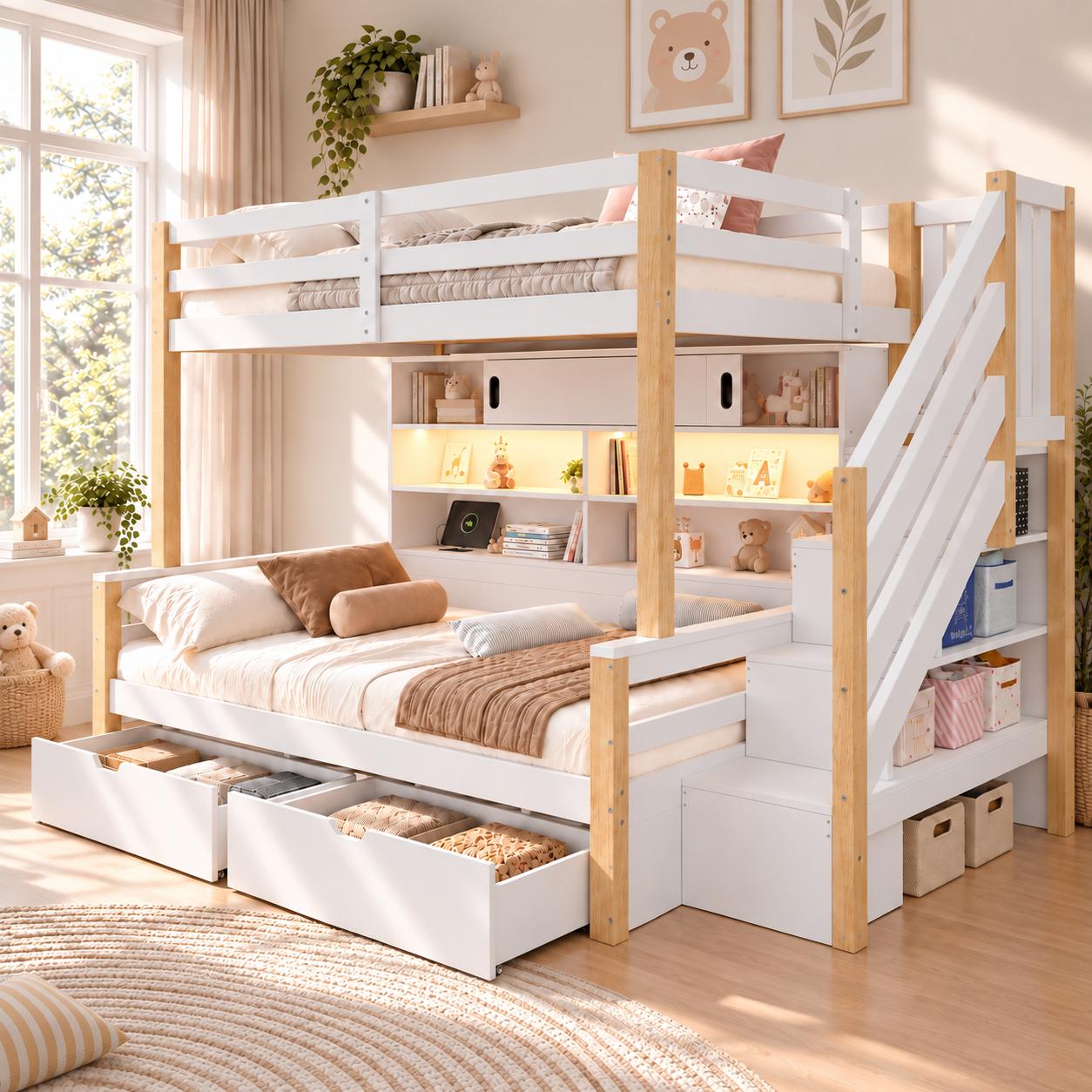 Etagenbett/Hochbett 90x200+90x200, Massivholz, LED, USB, Stauraumtreppe, Schiebetür
