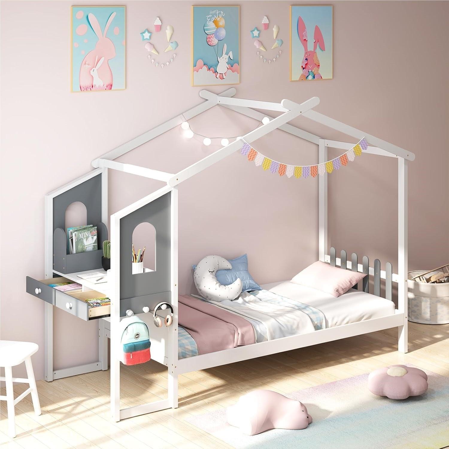 Kinderbett - Jugendbett - Bett mit Schreibtisch - Bett mit Schubladen - 90x200 cm - Holzrahmen - Weiß mit Grau