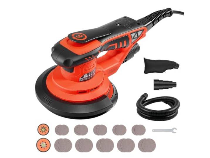 VEVOR Ponceuse Excentrique 127/152 mm 400 W Ponceuse Orbitale sans Balais Pour Ponçage de Bois\, 7 Vitesses Variables 4000-10000 tr/min\, avec 20 Disques Abrasifs\, Sac à Poussière\, Tuyau d'Aspiration