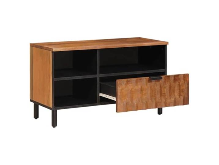 HKQWPBF TV-Schrank mit Regal, Mango-Holz, 80 x 33 x 46 cm Akazienbraune Oberfläche, MDF-Rückwand, Eisenfüße, Fachböden, Tassen-Zugriffe, Wohnzimmer, Essbereich