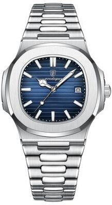 Fashion Sheath Luxury Square Men's Quartz Wristwatch: Stainless Steel Waterproof Business & Sports Watch silver Blue
