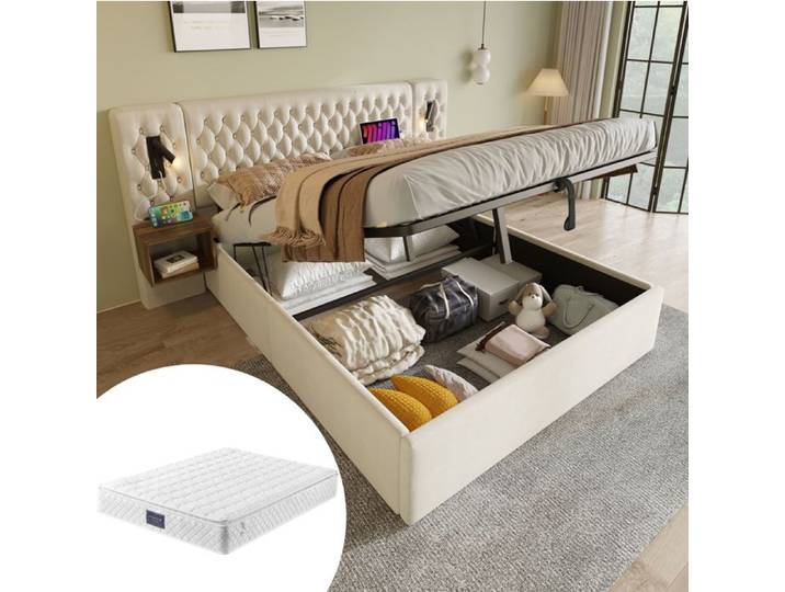 Lit coffre hydraulique - Ensemble chambre complet - Beige velours - Matelas inclus - 160x200 cm