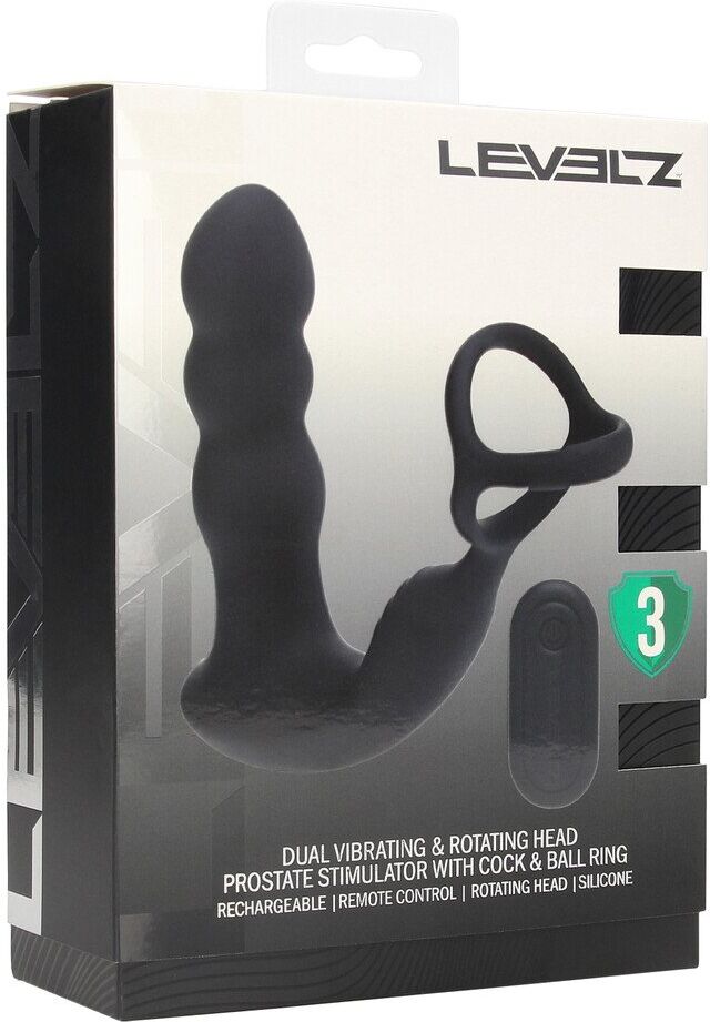 Levelz Dual Vibrating Remote Rotating Head Silicone Prostate Stimulator with Cock and Ball Ring - Black