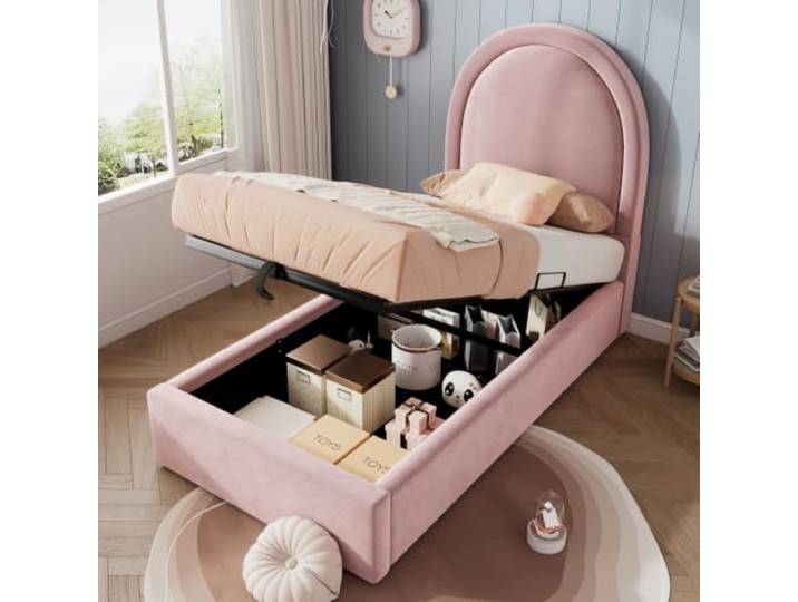 Ropilly Polsterbett 90x200 cm Kinderbett Rosa Samt mit hydraulischem Stauraum für Jugendzimmer