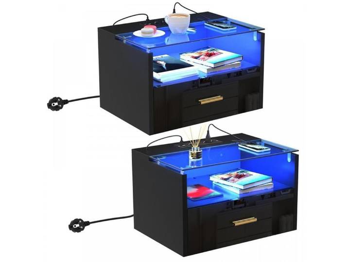 KEDIA Tables de Chevet Murales Lot de 2 Noir 42x30x26CM Avec Prise Bande Lumineuse Verre Tables Avec 1 tiroir et 1 Compartiment
