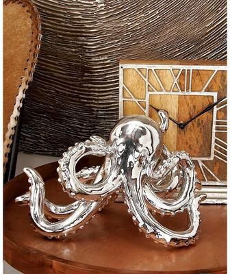 ARCILLA ELEMENTAL Silver Polystone Octopus Decorative Sculpture with Long Tentacles and Suctions Detailing