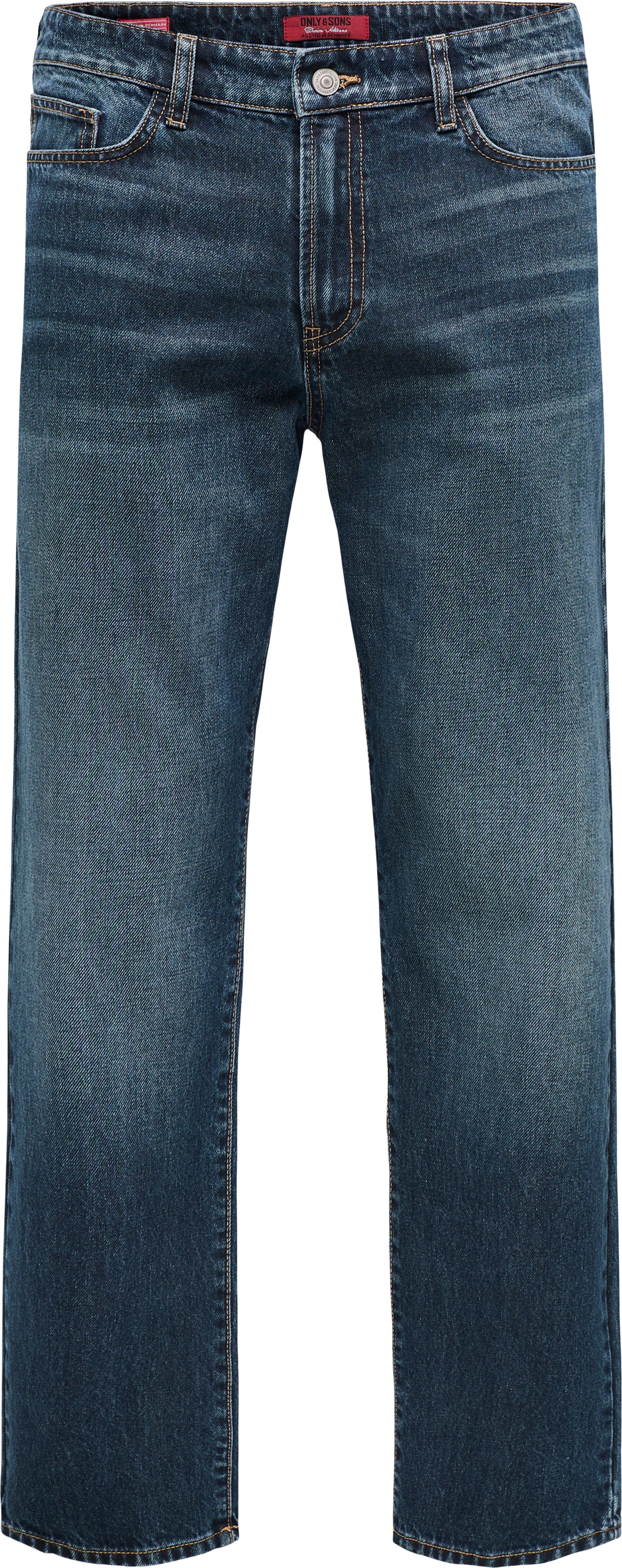 Straight-Jeans ONLY & SONS "ONSEDGE STRAIGHT DNM", Herren, Gr. 36, Länge 32, blau (dunkelblau denim), Denim/Jeans, Obermaterial: 100% Baumwolle, Abriebeffekte, straight fit lang, Jeans Straight-Jeans, Baumwolle, straight fit dunkelblau denim 36, Länge 32