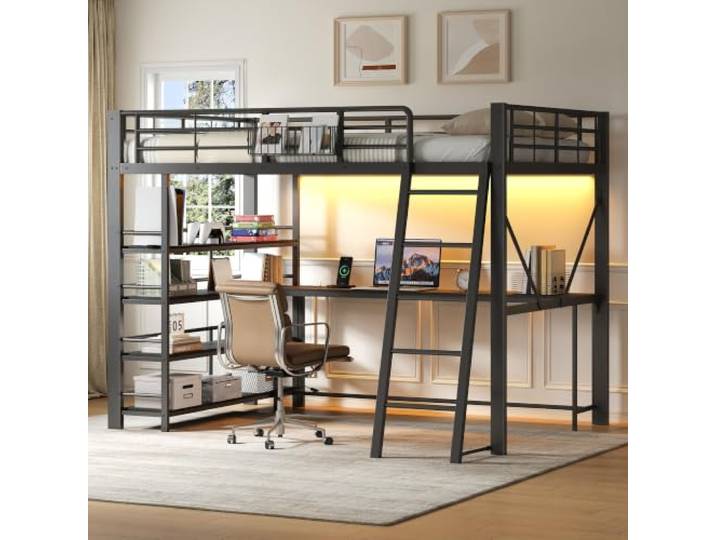 Merax Metall-Hochbett 140x200 cm mit Schreibtisch, Regal, Stauraum,Schwarz Metallbett mit Aufbewahrungskorb, 4-stufigem Regal und Schutzgeländer – platzsparende Kombination für Schlafen und Arbeiten