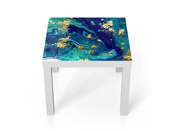 DEQORI Glastisch weiß klein 55x55 cm Motiv Marmor mit Goldakzent ausgefallener Beistelltisch aus Glas Hochglanz Couchtisch fürs Wohnzimmer moderner Couch Tisch mit Design