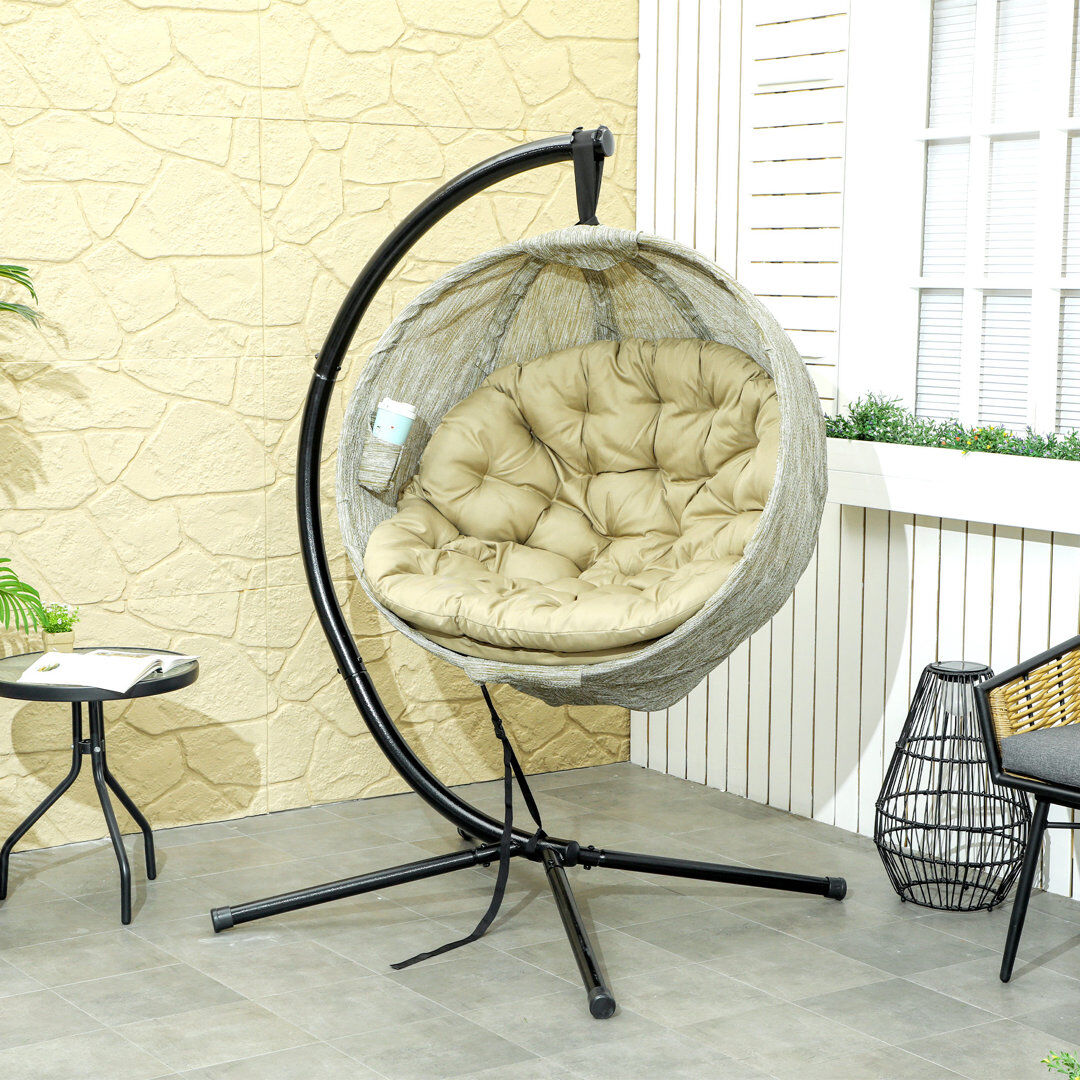 Latitude Run Outsunny Hanging Egg Chair Outdoor Indoor Swing Chair with Cup Holder Khaki Khaki 172cm H X 125cm W X 125cm L