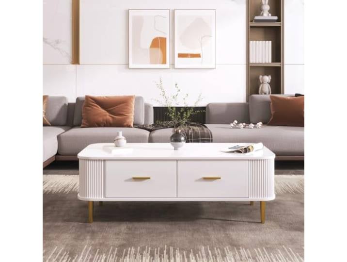 LOBO OFFICE Couchtisch mit Rillenverkleidung,Salontisch mit 4 Schubladen Abgerundete Tischplatte und sanfte Kanten minimieren Verletzungsrisiken, ideal für Haushalte mit Kindern und Haustieren