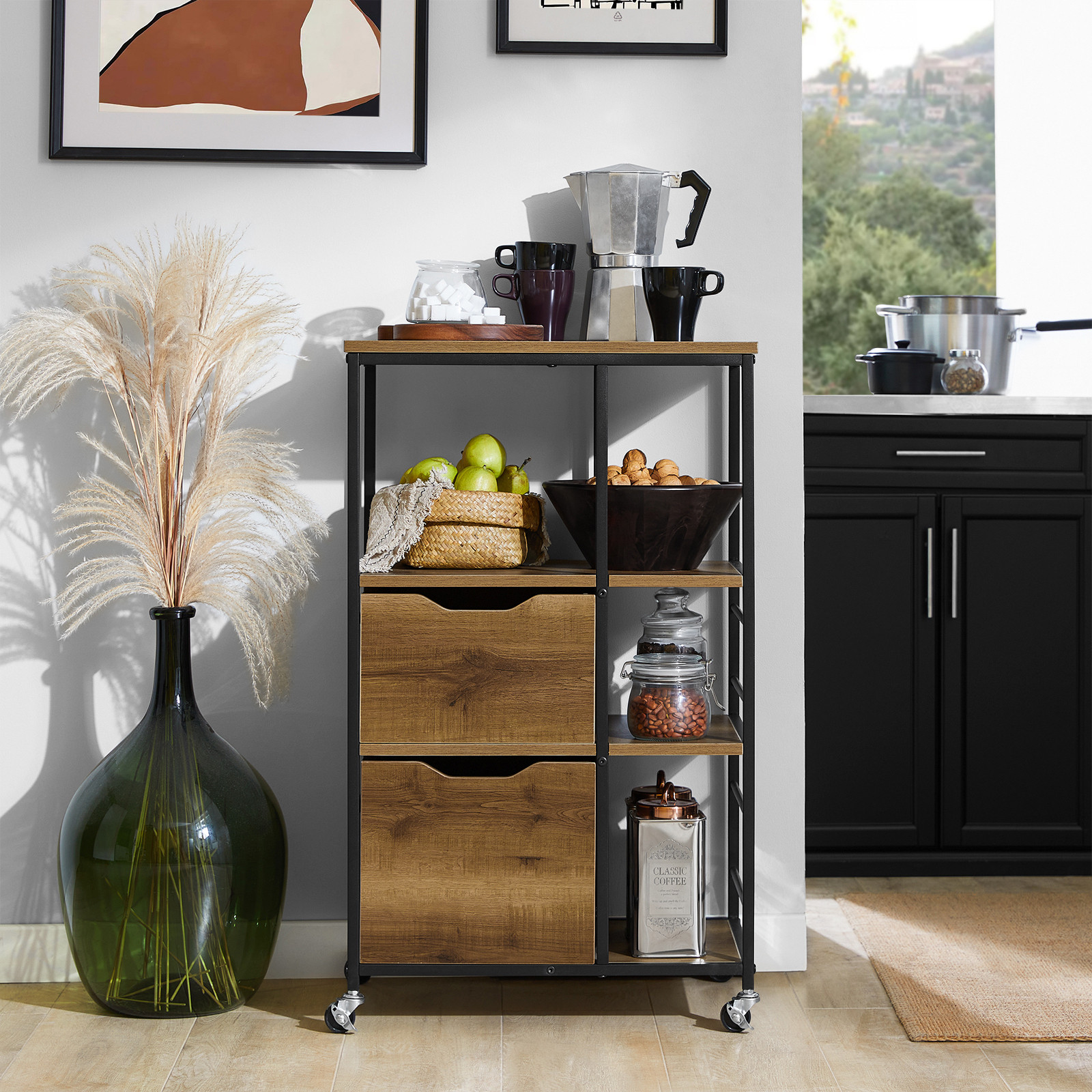 SoBuy Serveerwagen met wielen en 3 plateaus, houten keukentrolley met lades, model FKW111-PF