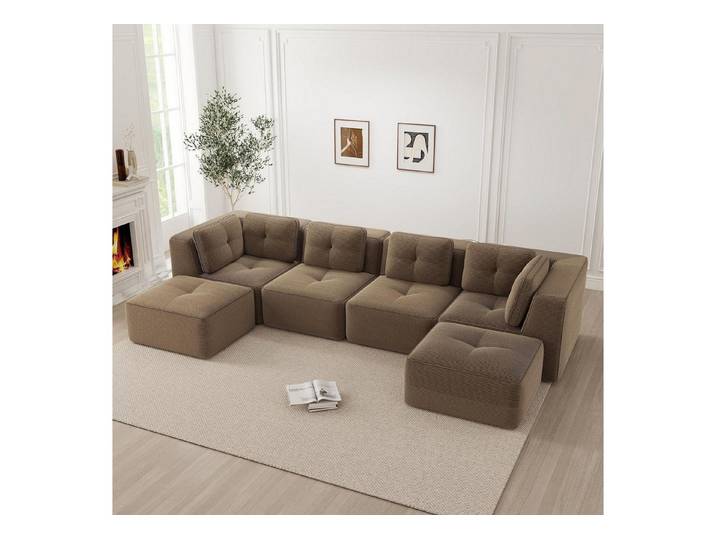 LuxusKollektion Wohnlandschaft Sofa 4Sitzer 2 Fußhocker Uförmig Ecksofa Braun 4-Sitzer+2 Fußhocker
