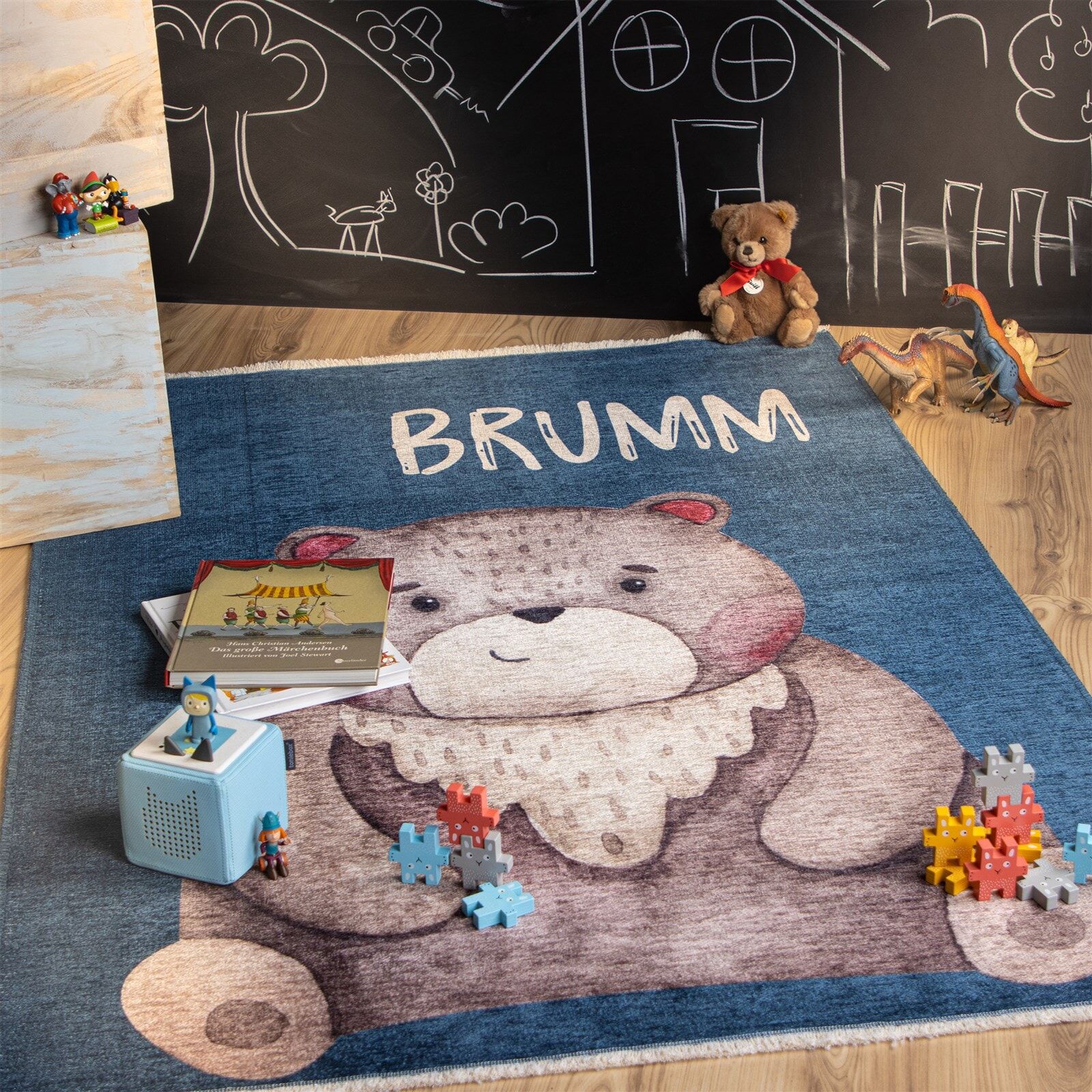 Kinderteppich KAYOOM "Joanna 623", blau (multi), B:115cm H:6mm L:170cm, Baumwolle, Teppiche, Kinderteppich, Kurzflor, Modernes Muster, Deko, Baumwolle multi B : 115cm 1 Stk., 6mm, L: 170cm