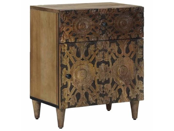 KUTYWEXFM Nachtschrank Massivholz Mango Braun 50x33x60 cm Nachttisch Kompakter Beistelltisch fürs Schlafzimmer mit 1 Schublade und schwarzem Metallgriff für elegantes Verstauen.