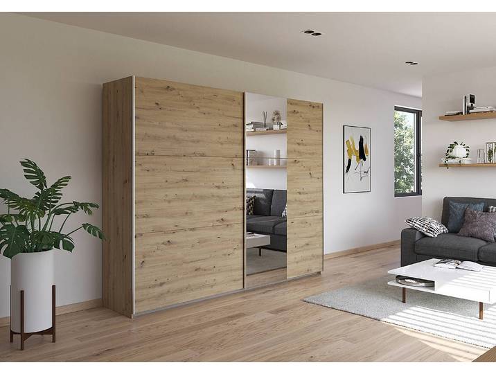 Armoire coulisses Aurelio - Miroir 261cm Marron/Imitation chêne Artisan Basic