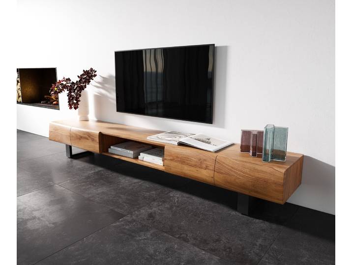 MeuNle TV ew Live Edge 240 cm acacia naturel 4 portes 1 compartiment patins métal noir