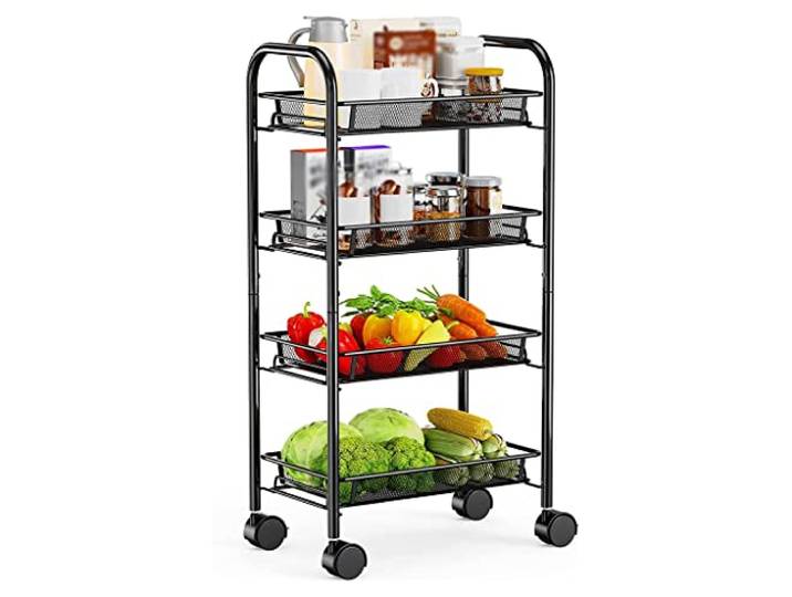 Rollwagen, Metallwagen feststellbare Räder 4 Haken Küche Bad(/Black 4 Tier)