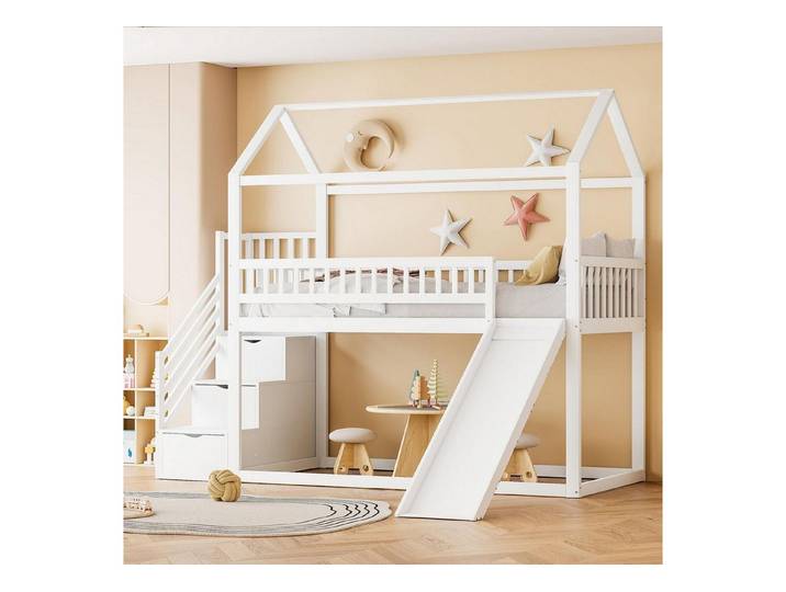 LuxusKollektion Hochbett Hochbett 90x200 mit Rutsche und Stauraumleiter Weiß