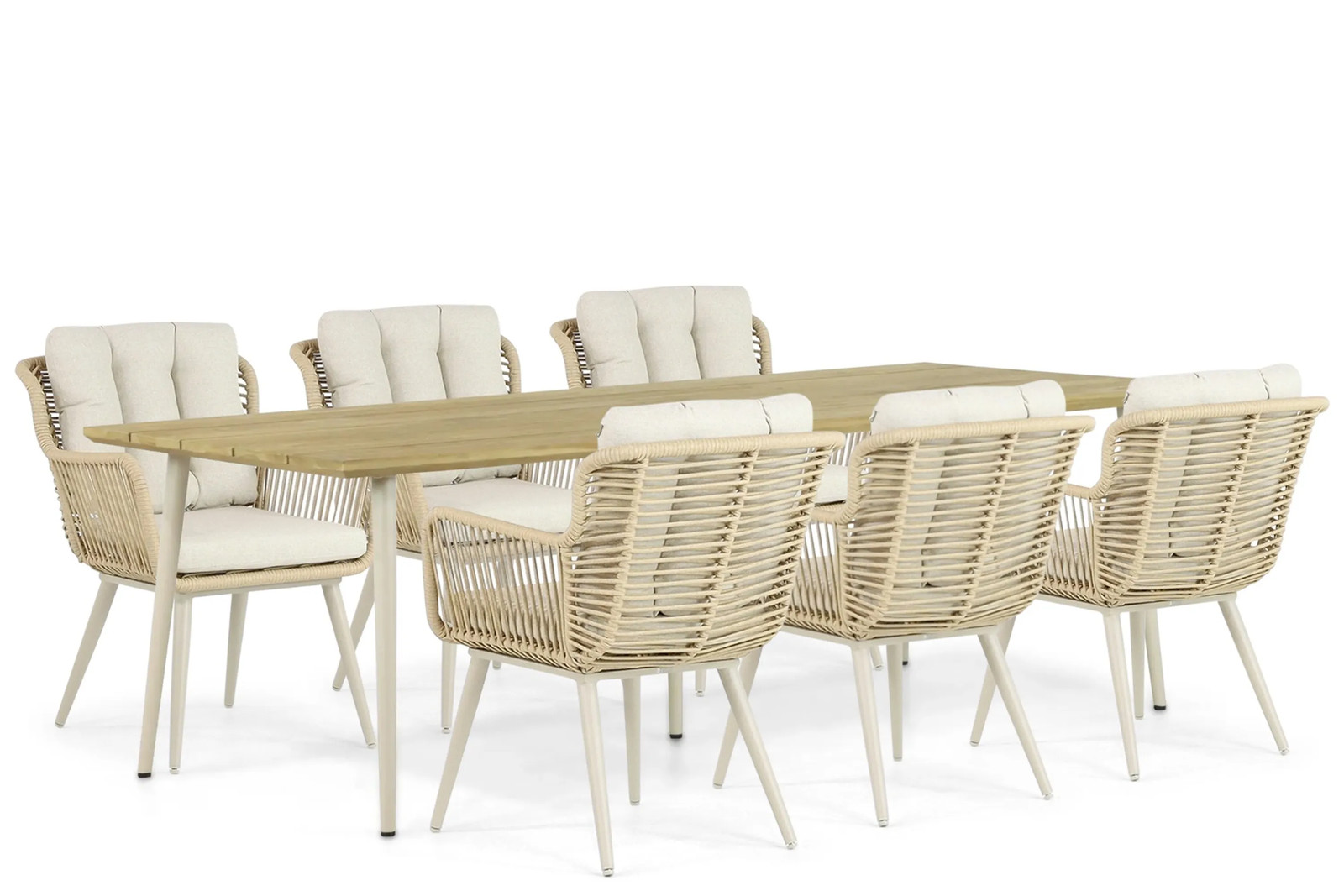 Coco Custa Montana 7-delige eettafelset voor tuin en terras met beige kussens en aluminium onderstel