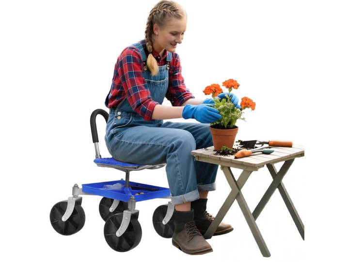 FLASIDU Siège de jardin roulant Utilisations polyvalentes multifonctionnel hauteur réglable 32*32*61cm Bleu Acier PP