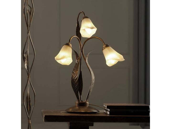 Tischleuchte Alga, 3-flammig, Eisen, Glas, Florentiner Alga ONLI, bronze / altmessing, für Wohn- / Esszimmer, Metall, Florentiner