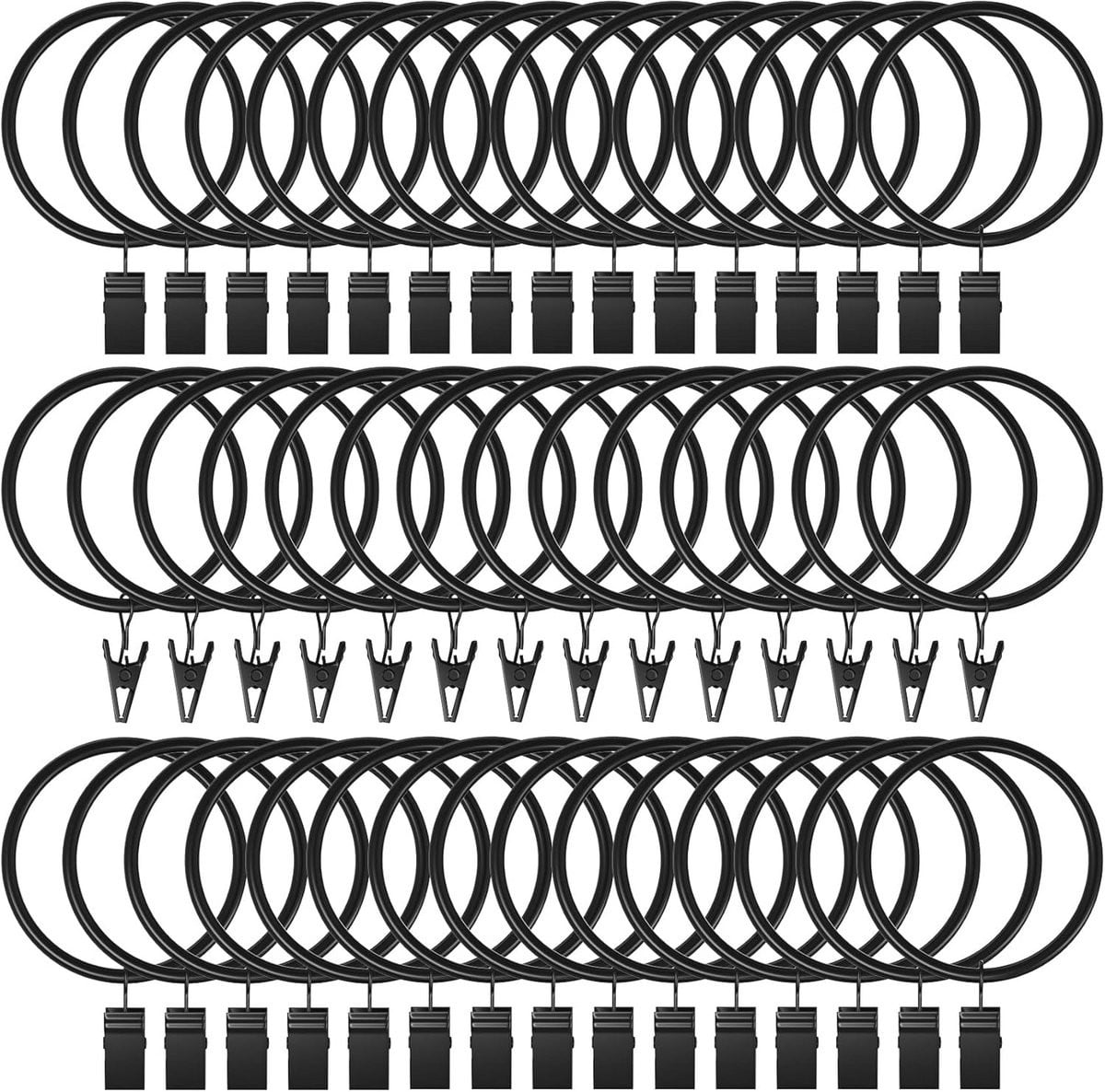Gordijnringen met clips en haken in vintage zwart, 44 stuks