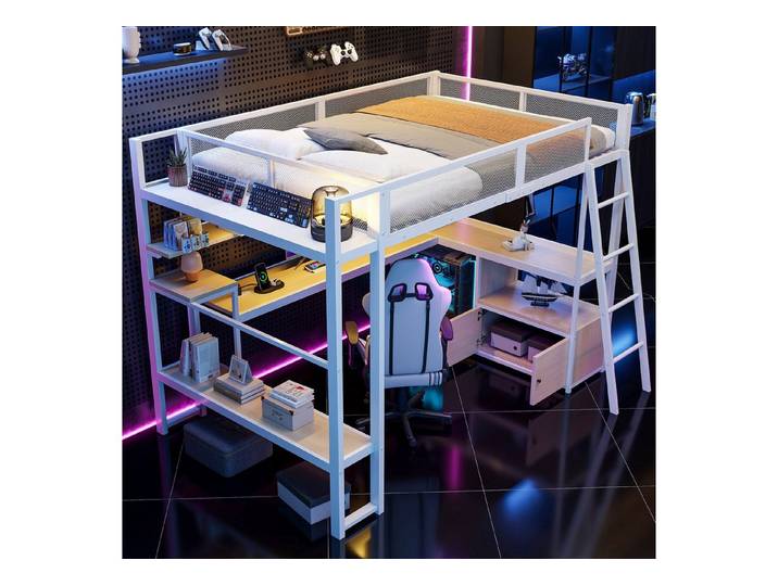 MODFU Hochbett Metall-Gaming-Kinderbett mit LED (Integriertem Arbeitsplatz & Stauraum – perfekt für Kinderzimmer, Jugendzimmer & Gaming-Räume, 1-St., 232 x 144 x 169.4)