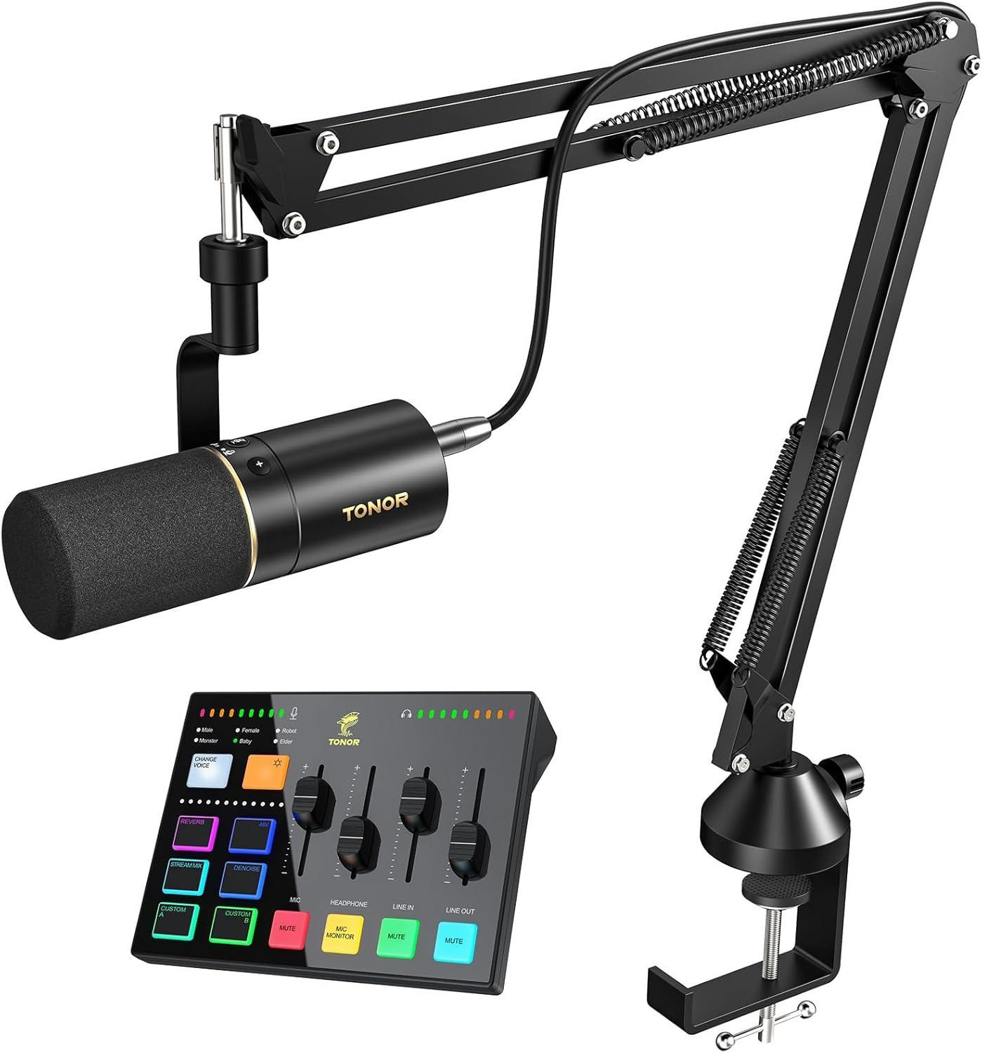 Selius Podcast-apparatuurpakket met audiomixer, dynamische of boommicrofoon en XLR-studio-audio-interface
