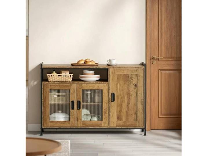MEULVA Buffet bas industriel marron 110 cm niche ouverte et rangements à portes réglables