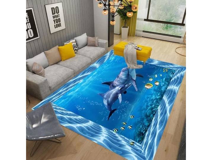 Tapis Impression 3D Dauphin Animal Antidérapant Area Rug Bleu Tapis de Salon Chambre à Doux Poils Courts 120X160cm[3721]