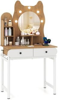 Costway Small Vanity Desk with Mirror and Lights Cute Kitty Makeup Table with Power Outlets-Natural