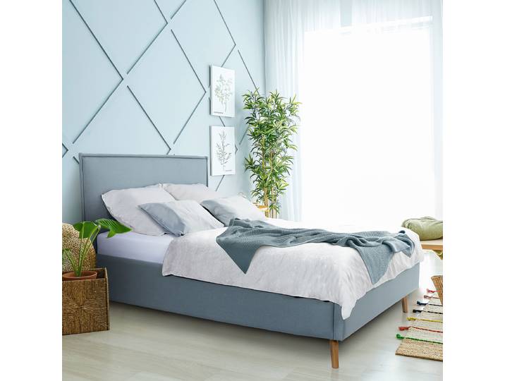 Polsterbett Zagatta 200 x 200cm Webstoff Saba Blau mit Lattenrost Eiche