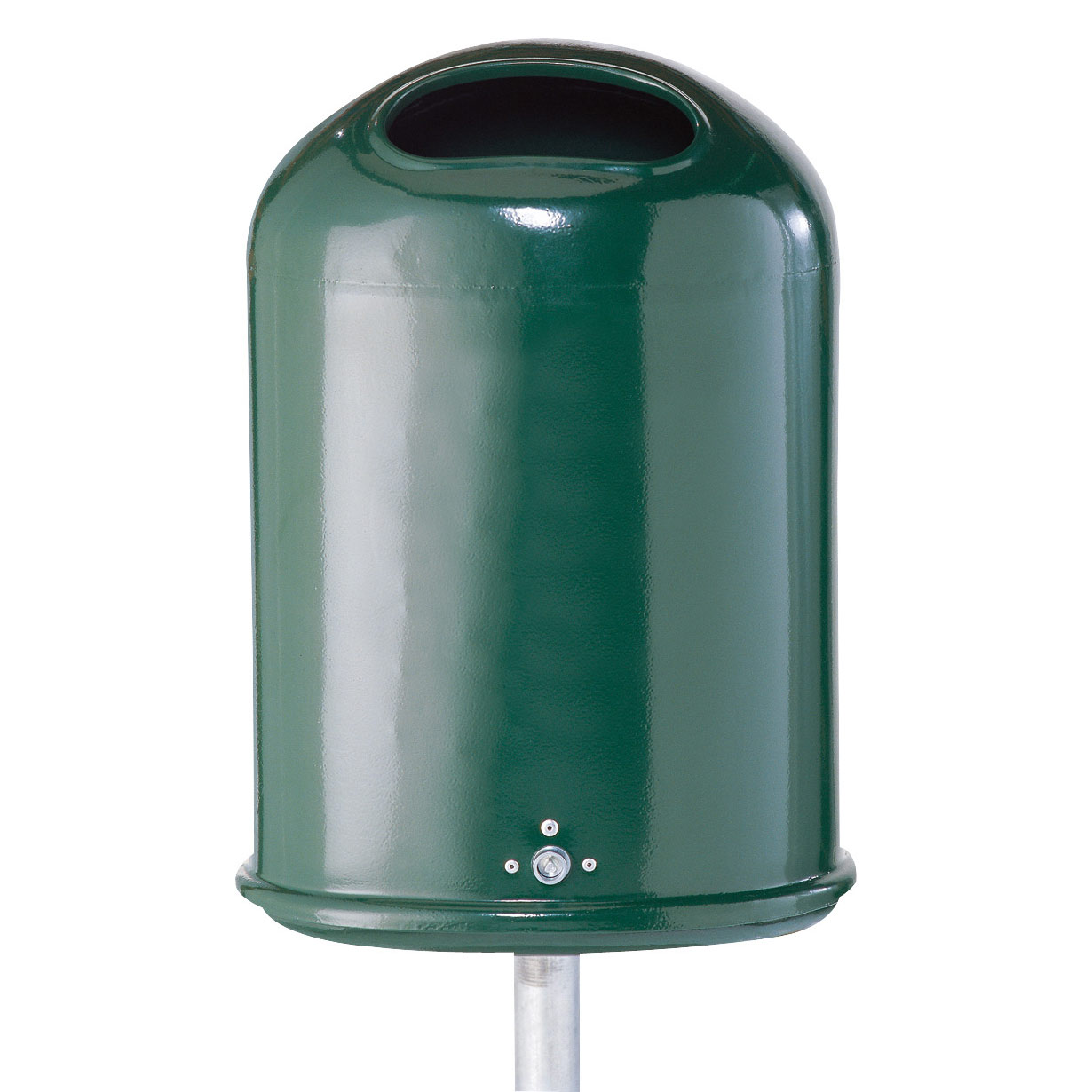 Schake Abfallbehälter oval montiert mit Standpfosten Ø60x1300mm 27l Volumen beschichtet in RAL 6005