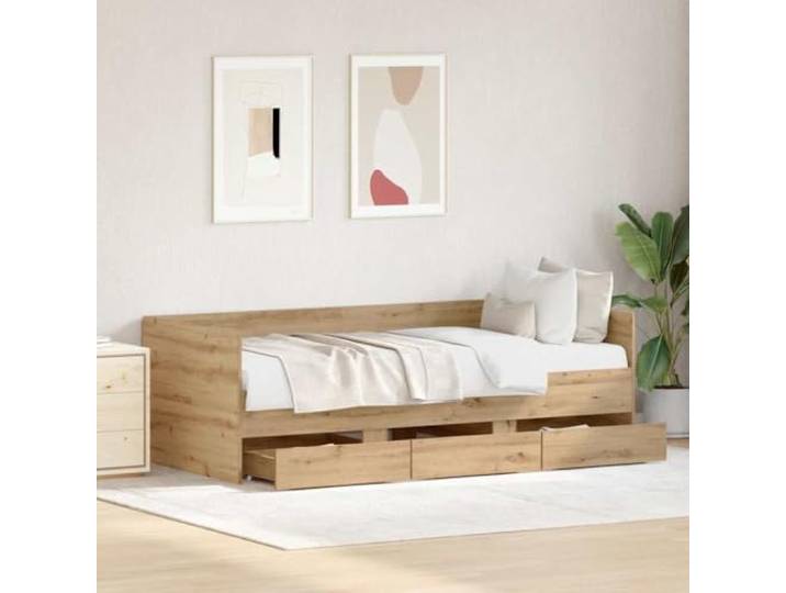 KTHLBRH Daybed Eiche Handwerk 90 x 190 cm Holz Mehrschichtig Mit integrierten Schubladen, Struktur mit festen Latten, rustikales Kopfteil für Schlafzimmer