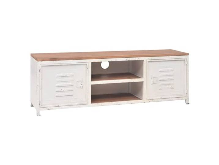 hliofuir TV-Schrank Lowboard 120x30x40 cm Industrie-Design Weiß Robustes Industrial Lowboard fürs Schlafzimmer mit Massivholzplatte, 2 Türen und offenen Fächern für Multimediageräte.