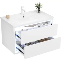 Merax Waschtisch 76×46×48.5 cm, wandhängender Badezimmerschrank, Voll-Lackierung, LED, 2 Schubladen, integriertes Keramik-Waschbecken, Weiß