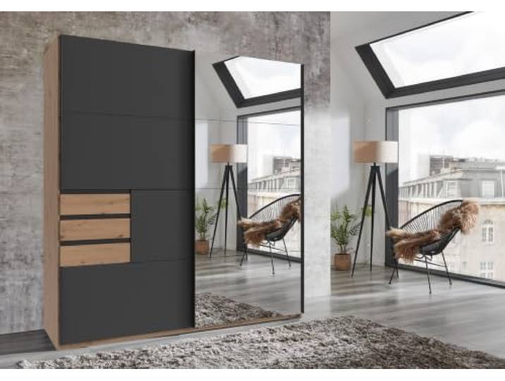 Kleiderschrank Oldenburg in Artisan Eiche mit Spiegeltür und Grafitfront