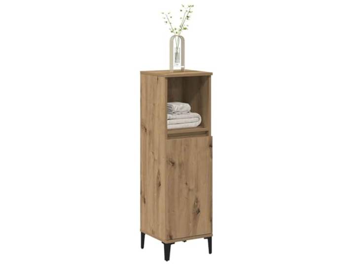 KTHLBRH Badezimmerschrank Eiche Handwerk 30 x 30 x 100 cm 1 offenes Regal, 2 Türen, Füße aus Metall, Kippschutz, Montage erforderlich